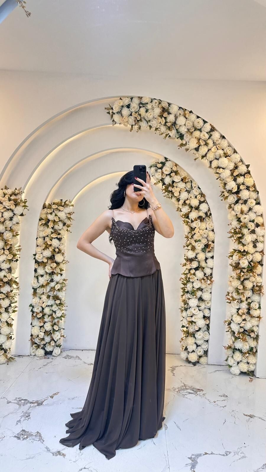 İNCE ASKILI KALP YAKA A KESİM KAHVERENGİ ABİYE 42