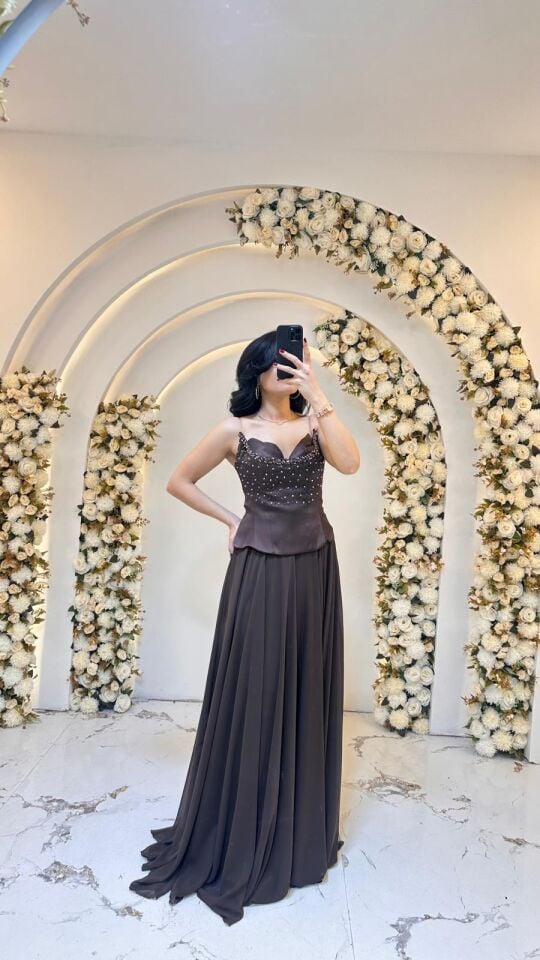 İNCE ASKILI KALP YAKA A KESİM KAHVERENGİ ABİYE 42