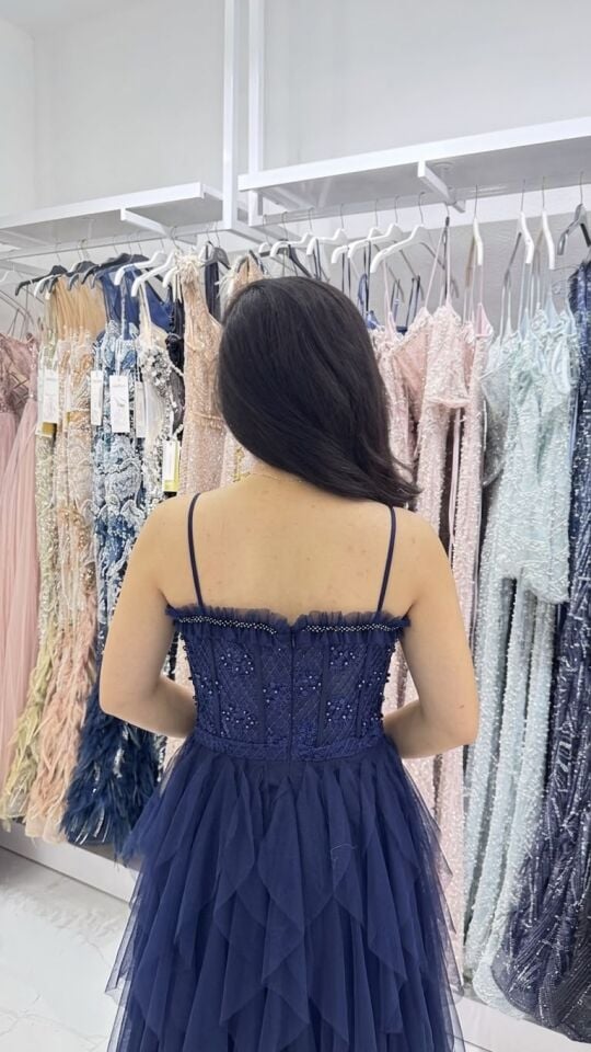 LACİVERT  TRANSPARAN PULLU BÜSTİYER FIRFIRLI ABİYE 36