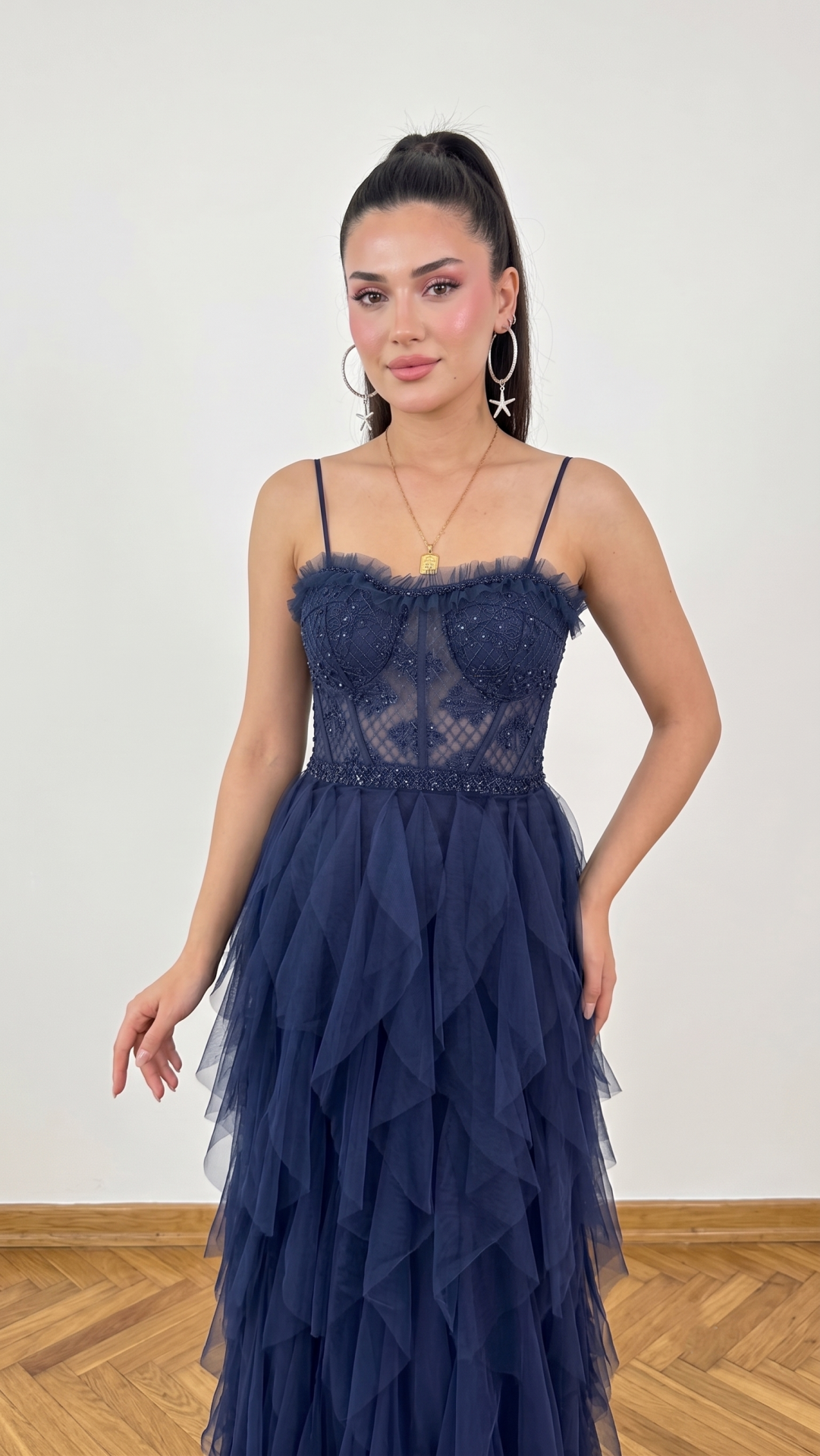 LACİVERT  TRANSPARAN PULLU BÜSTİYER FIRFIRLI ABİYE 36