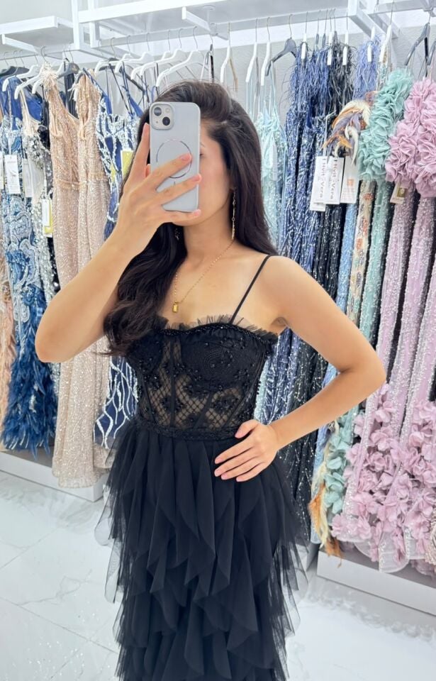 SİYAH TRANSPARAN PULLU BÜSTİYER FIRFIRLI ABİYE