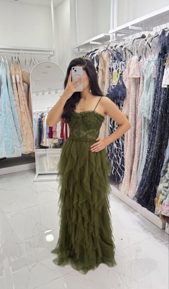 YEŞİL TRANSPARAN PULLU BÜSTİYER FIRFIRLI ABİYE