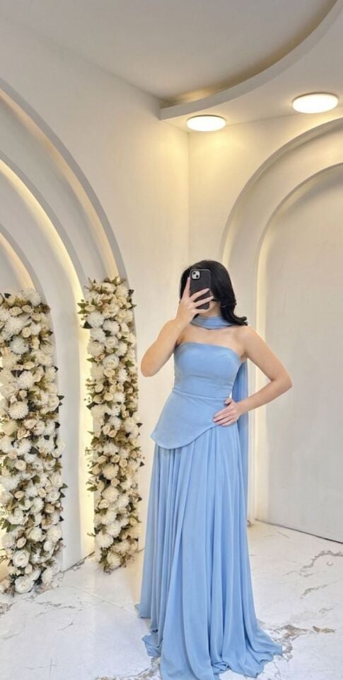 BEBE MAVİ  DAR KALIP ŞAL YAKA STRAPLEZ ABİYE 36