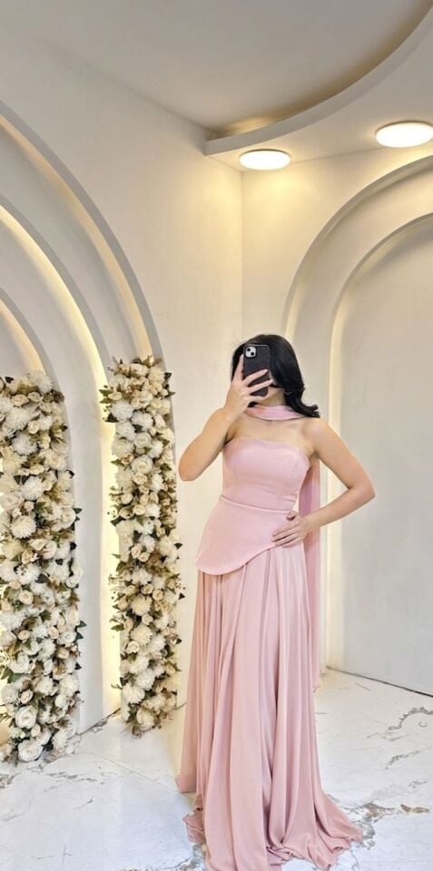 TOZ PEMBE DAR KALIP ŞAL YAKA STRAPLEZ ABİYE 36