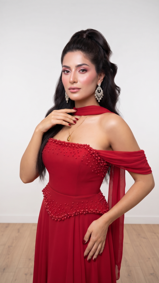 FULARLI KIRMIZI İNCİ DETAYLI  ABİYE 36