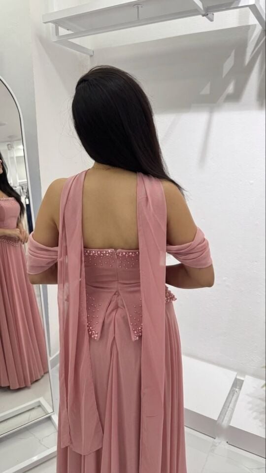 FULARLI PEMBE İNCİ DETAYLI  ABİYE 40