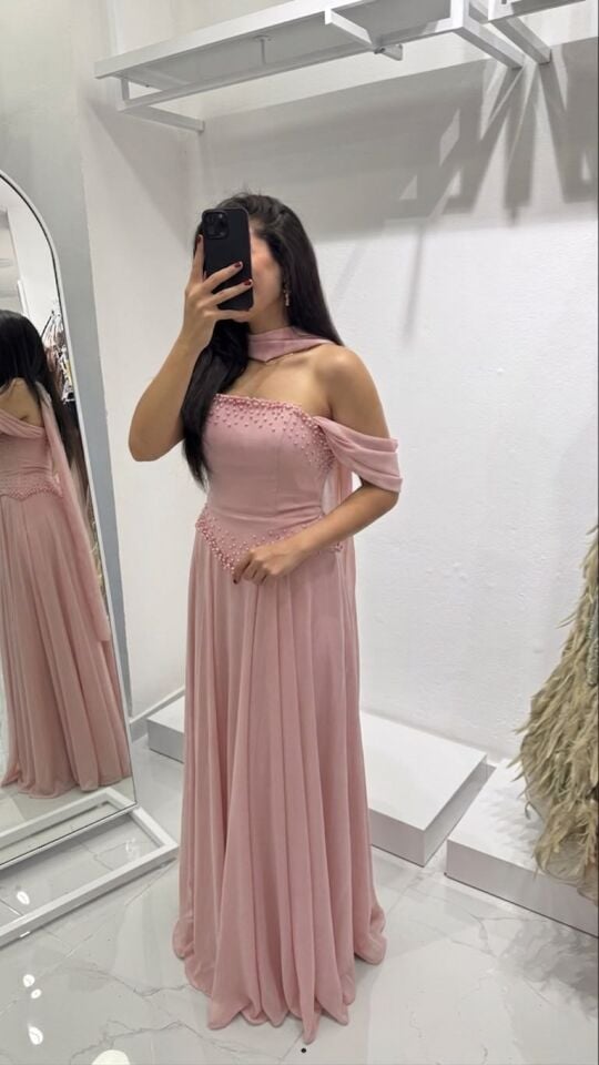 FULARLI PEMBE İNCİ DETAYLI  ABİYE 40