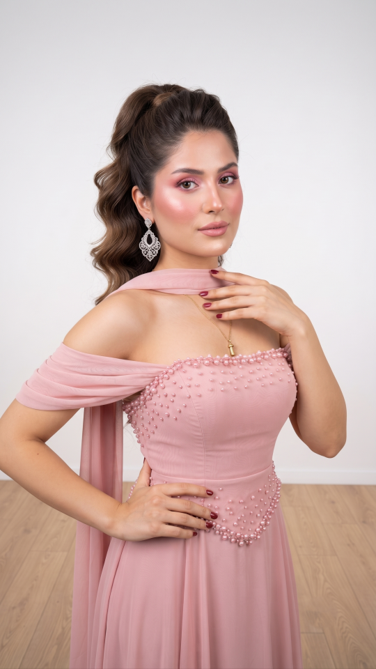 FULARLI PEMBE İNCİ DETAYLI  ABİYE 38