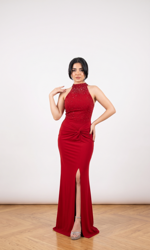 KIRMIZI HALTER YAKA  İNCİLİ ABİYE 38