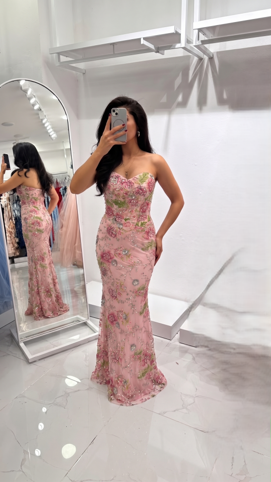 PEMBE ÇİÇEK İŞLEMELİ STRAPLEZ BALIK ABİYE