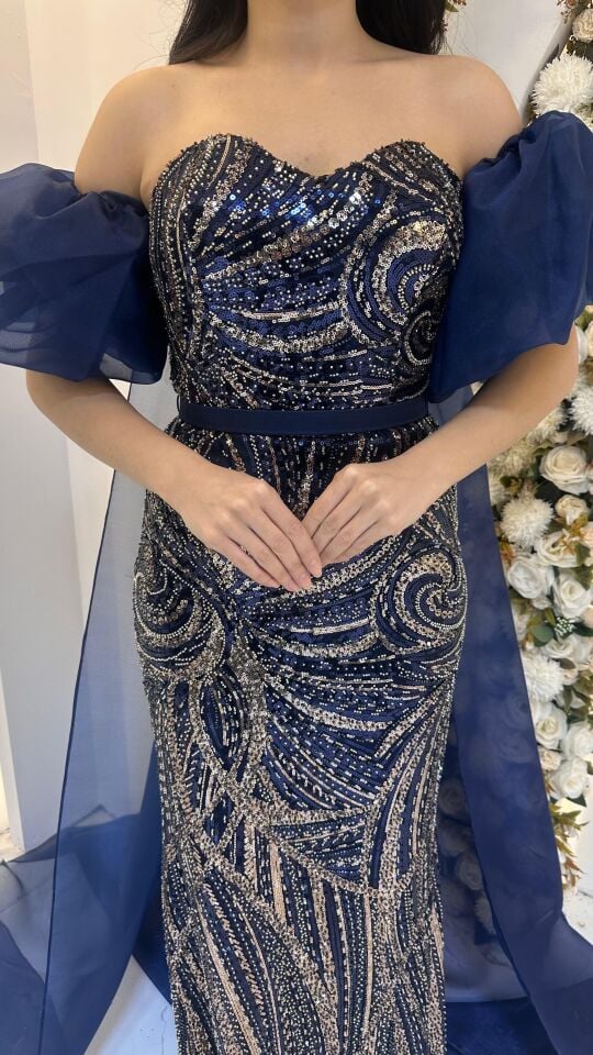 BALON KOL UZUN PELERİN PUL PAYET LACİVERT ABİYE 38