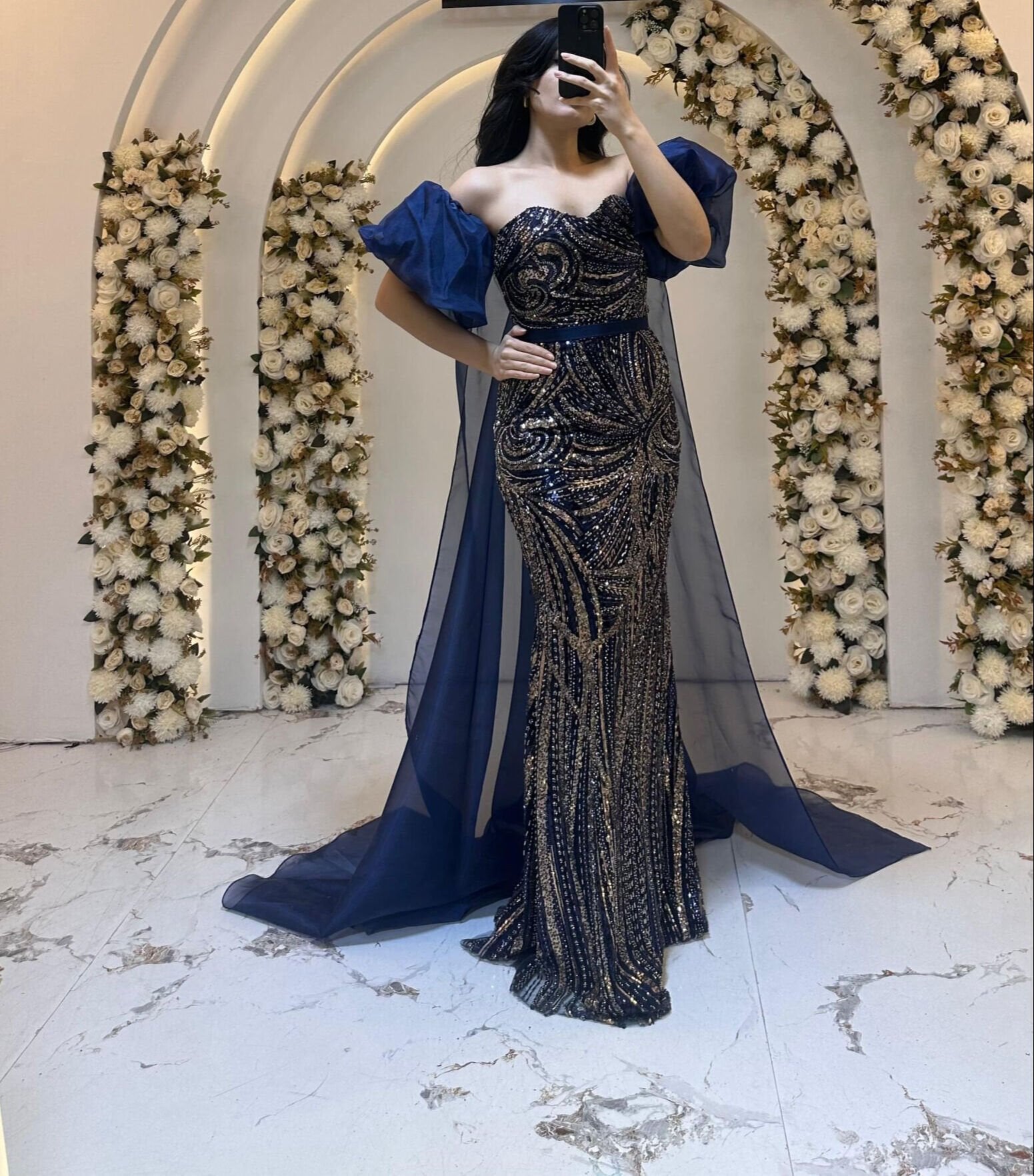 BALON KOL UZUN PELERİN PUL PAYET LACİVERT ABİYE 38