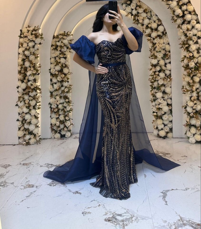 BALON KOL UZUN PELERİN PUL PAYET LACİVERT ABİYE 44