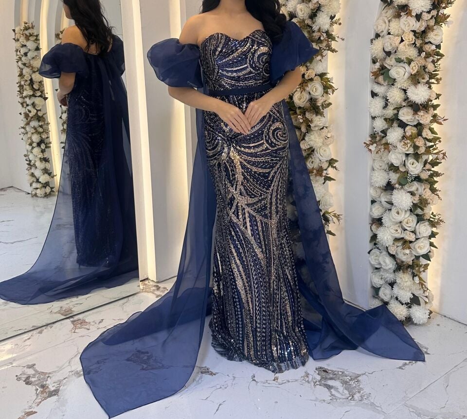 BALON KOL UZUN PELERİN PUL PAYET LACİVERT ABİYE 44