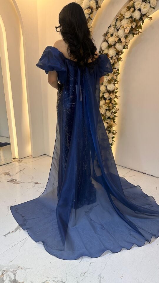 BALON KOL UZUN PELERİN PUL PAYET LACİVERT ABİYE 38