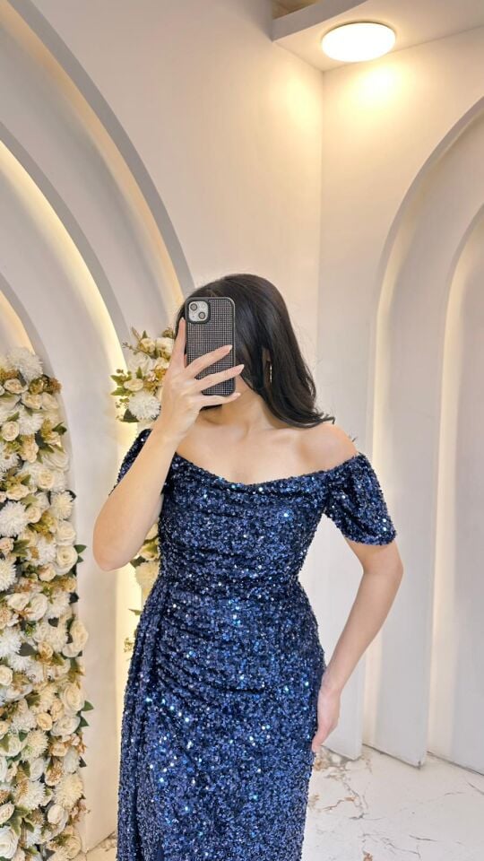 MODONNA YAKA PUL PAYET LACİVERT ABİYE 38