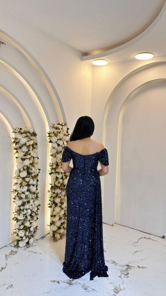 MODONNA YAKA PUL PAYET LACİVERT ABİYE 38