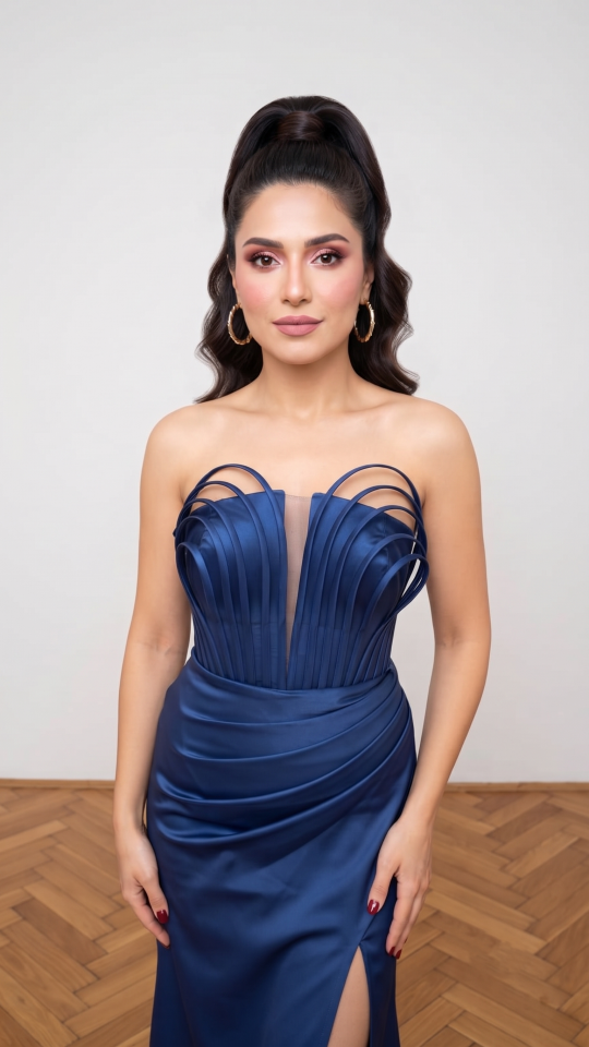LACİVERT MİMAR DETAYLI STRAPLEZ SATEN ABİYE ELBİSE 42