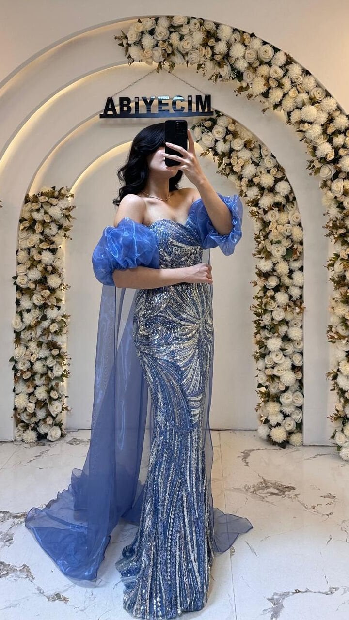 BALON KOL UZUN PELERİN PUL PAYET MAVİ ABİYE 44