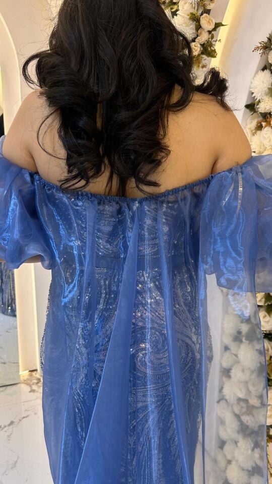 BALON KOL UZUN PELERİN PUL PAYET MAVİ ABİYE 44