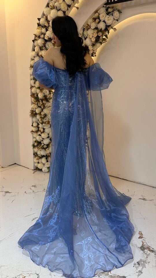 BALON KOL UZUN PELERİN PUL PAYET MAVİ ABİYE 44