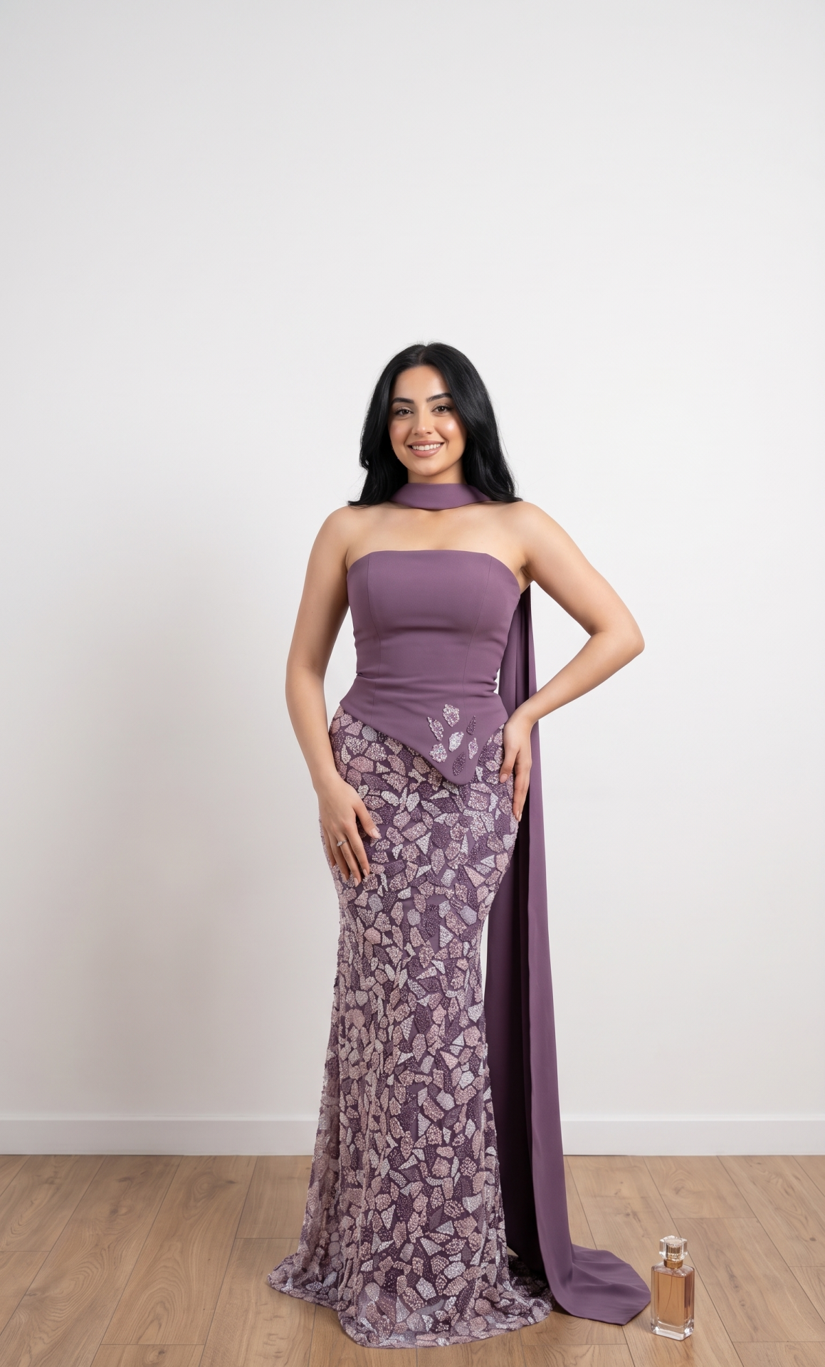 FULARLI VE STRAPLEZ LİLA İŞLEMELİ ABİYE 36