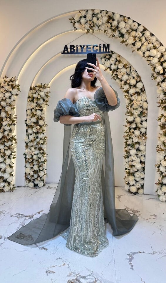 BALON KOL UZUN PELERİN PUL PAYET YEŞİL ABİYE  44