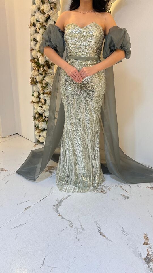 BALON KOL UZUN PELERİN PUL PAYET YEŞİL ABİYE 44