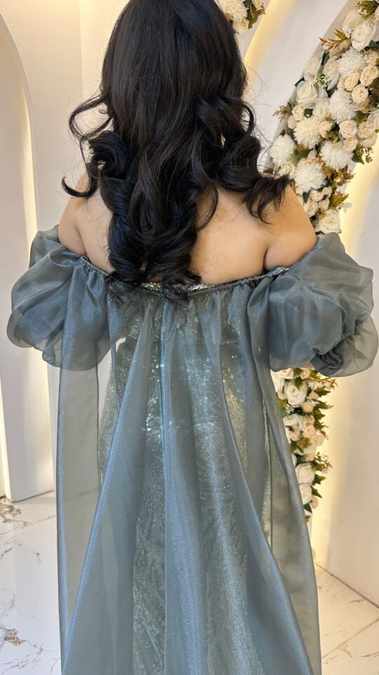 BALON KOL UZUN PELERİN PUL PAYET YEŞİL ABİYE 44