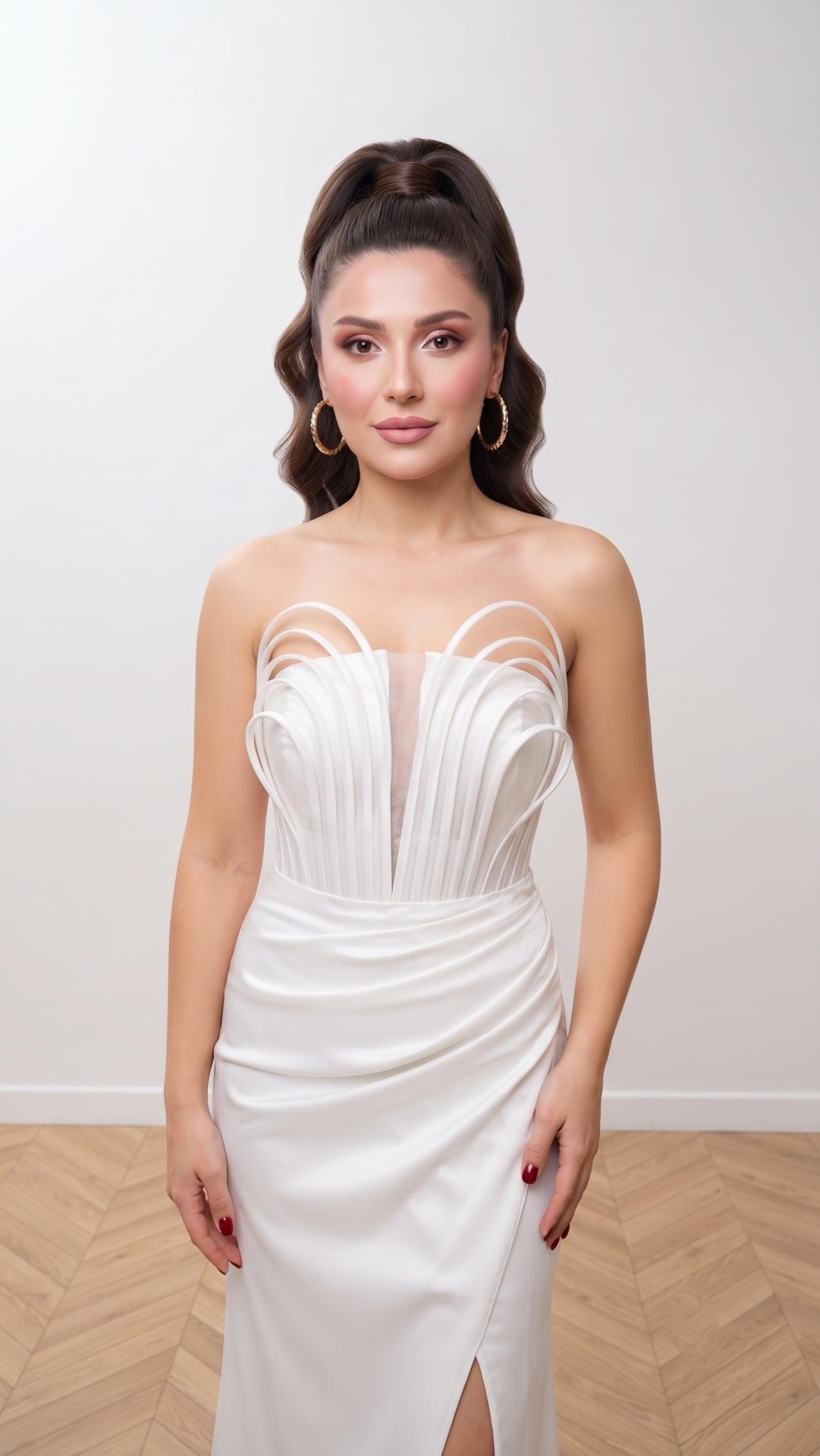 BEYAZ MİMAR DETAYLI STRAPLEZ SATEN ABİYE ELBİSE 38