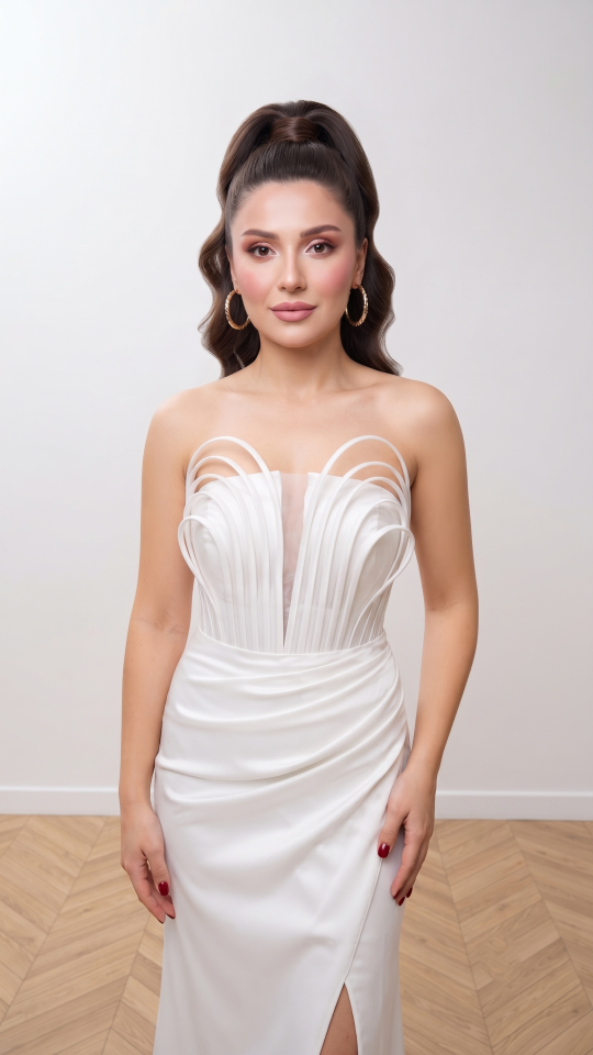 BEYAZ MİMAR DETAYLI STRAPLEZ SATEN ABİYE ELBİSE 42