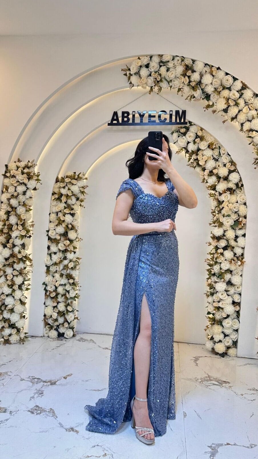 BONCUK İŞLEMELİ KARE YAKA  MAVİ ABİYE 44