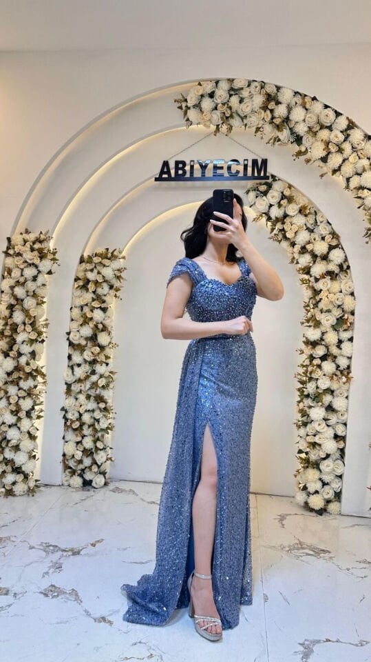 BONCUK İŞLEMELİ KARE YAKA  MAVİ ABİYE 44