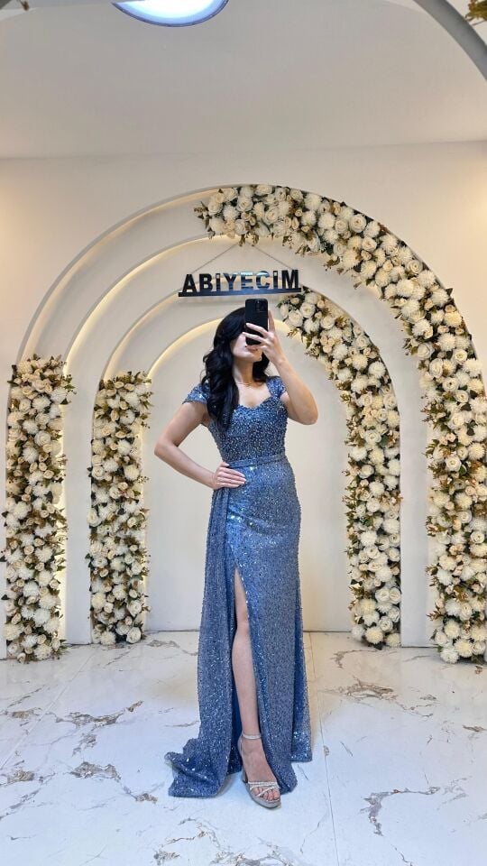 BONCUK İŞLEMELİ KARE YAKA  MAVİ ABİYE 38