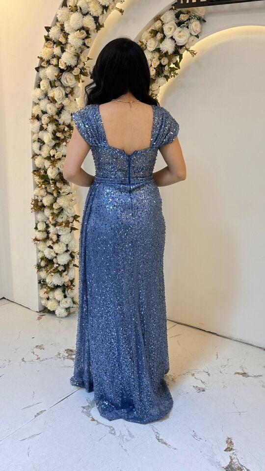 BONCUK İŞLEMELİ KARE YAKA  MAVİ ABİYE 44