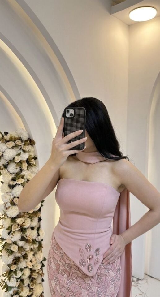 FULARLI VE STRAPLEZ TOZ PEMBE İŞLEMELİ ABİYE 40