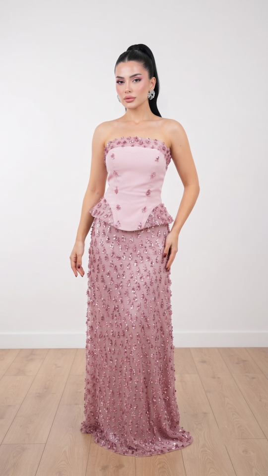 PEMBE KORSE GÖRÜNÜMLÜ  STRAPLEZ YAKA PAYETLİ ABİYE 38