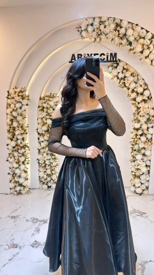 SİYAH SATEN MİDİ BOY ABİYE 44