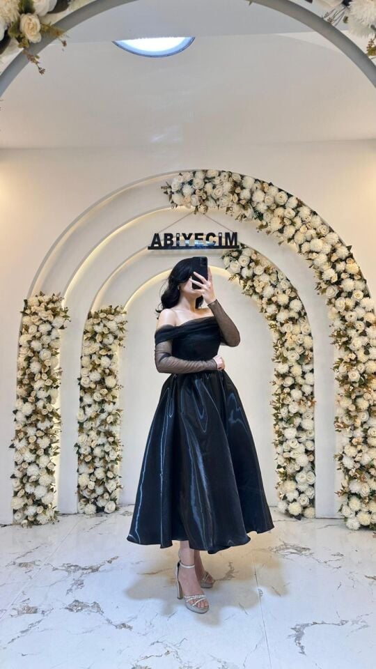 SİYAH SATEN MİDİ BOY ABİYE 44