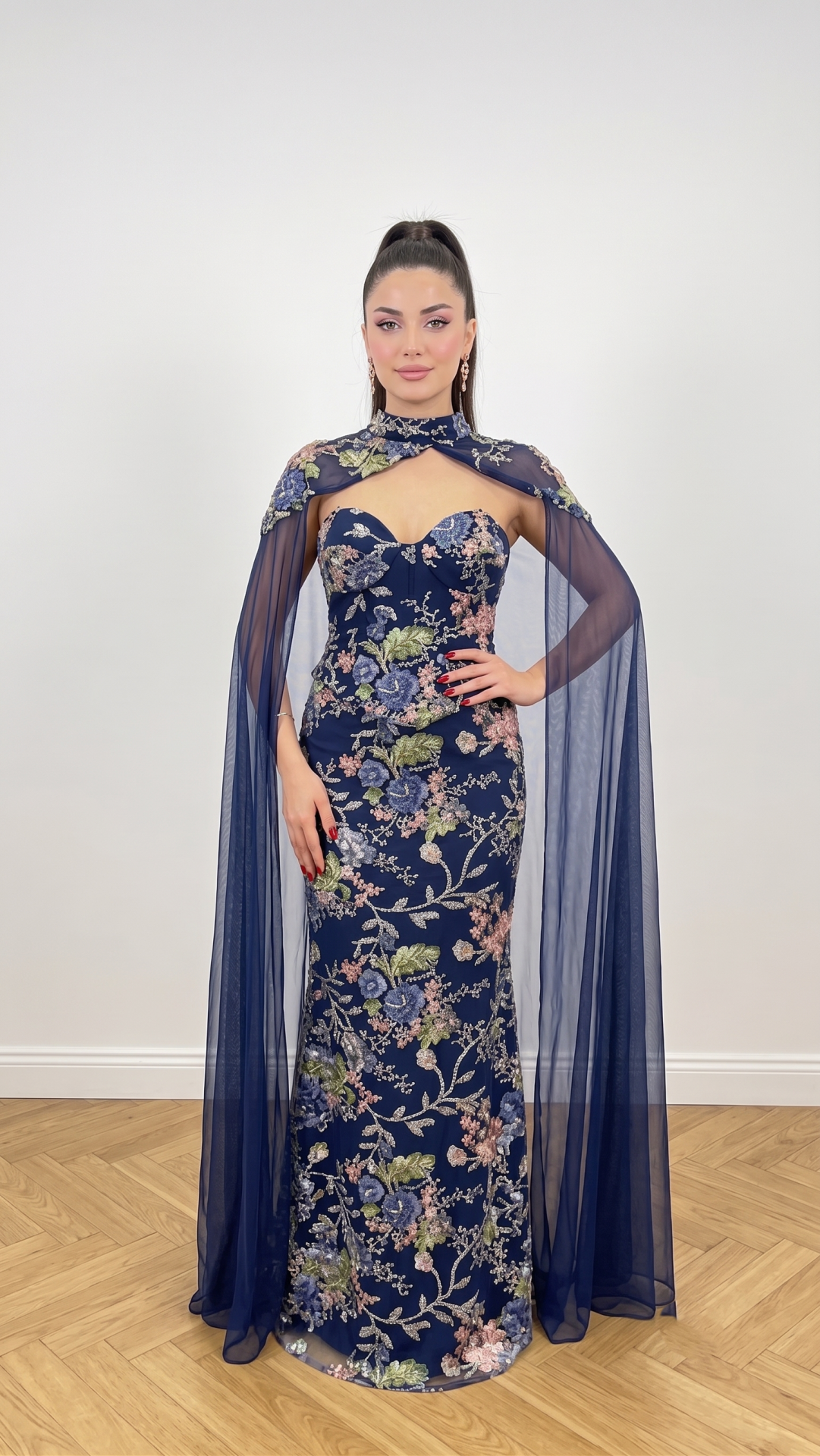 LACİVERT KORSE GÖRÜNÜMLÜ PELERİN ABİYE