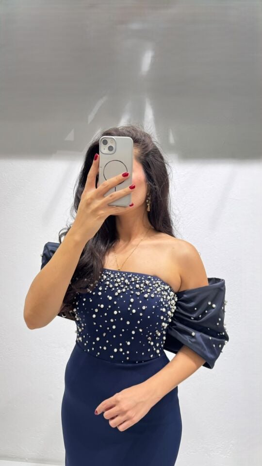 LACİVERT  STRAPLEZ BALON KOL TAŞLI MİDİ ABİYE 38