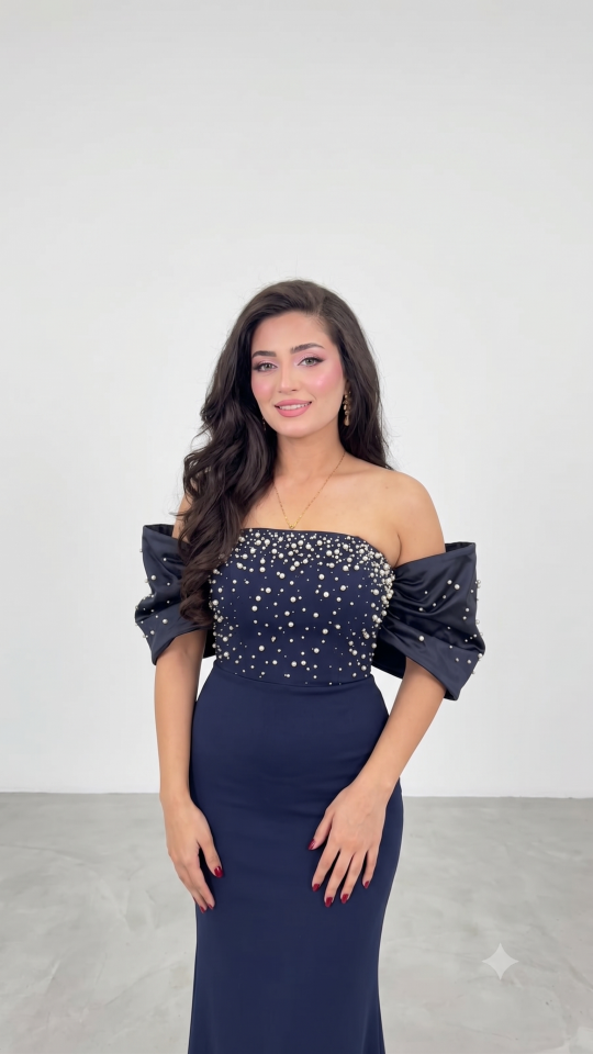 LACİVERT  STRAPLEZ BALON KOL TAŞLI MİDİ ABİYE 38