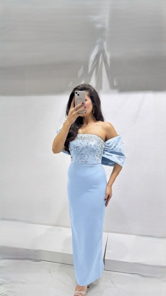 BEBE MAVİ STRAPLEZ BALON KOL TAŞLI MİDİ ABİYE 36