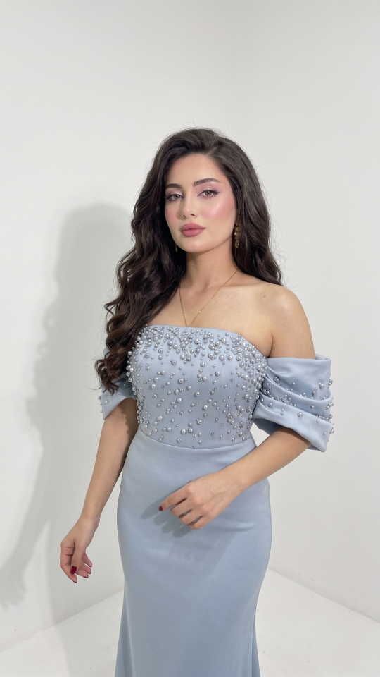 BEBE MAVİ STRAPLEZ BALON KOL TAŞLI MİDİ ABİYE 38
