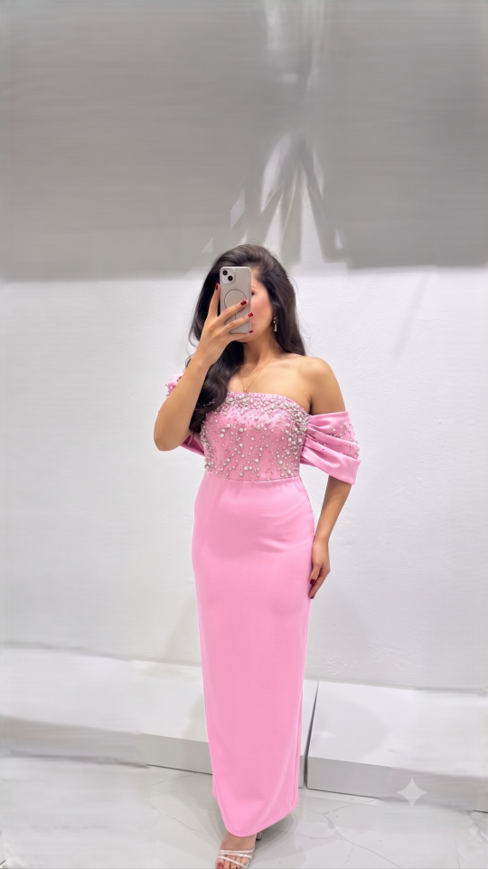 PUDRA PEMBE STRAPLEZ BALON KOL TAŞLI MİDİ ABİYE 38