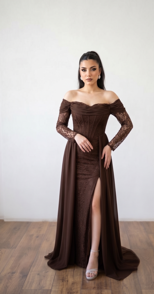 KAHVERENGİ DANTEL KOL YIRTMAÇ ABİYE 40