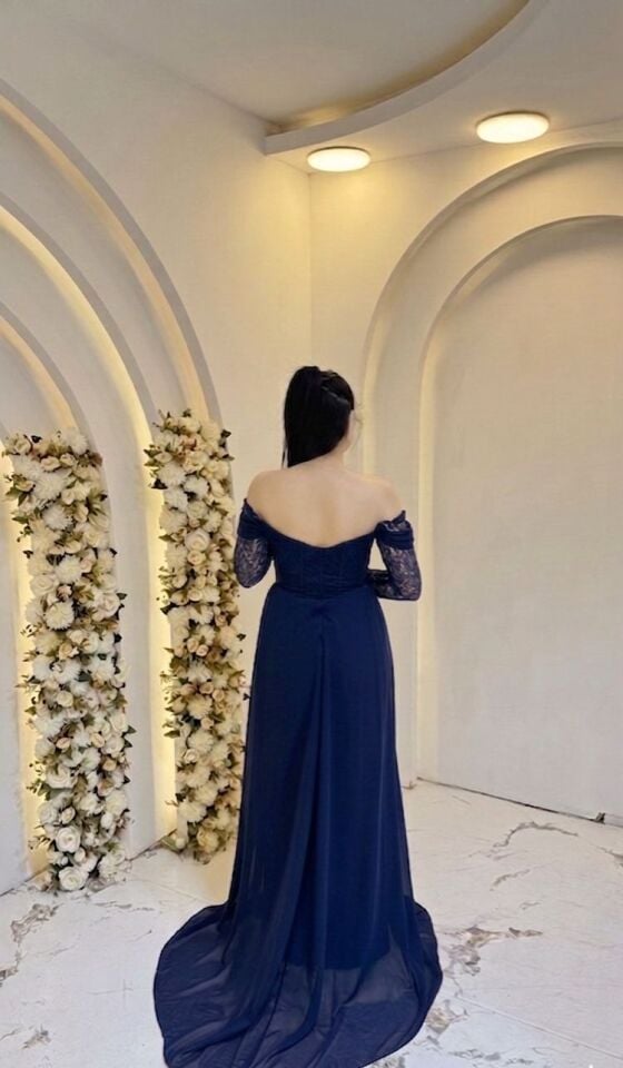 LACİVERT DANTEL KOL YIRTMAÇ ABİYE 38