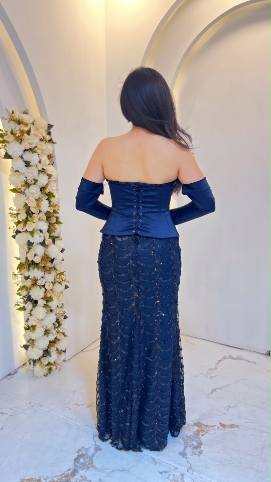 LACİVERT KORSELİ TAKMA KOL BALIK ABİYE 42