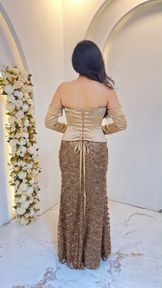 KAHVE KORSELİ TAKMA KOL BALIK ABİYE 38