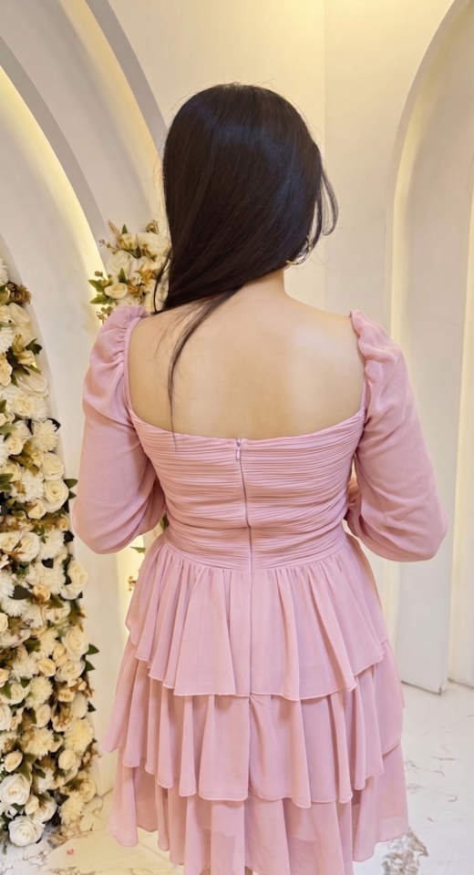 PUDRA PEMBE KALP YAKA KAT KAT KISA ELBİSE 44